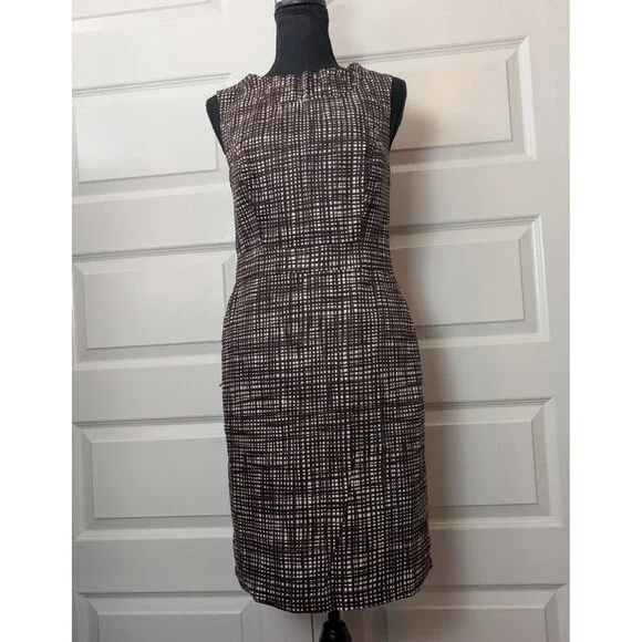 The Limited Size 6 Brown Cream Grid Print Sheath Dress Pockets Sleeveless Work - Picture 2 of 12